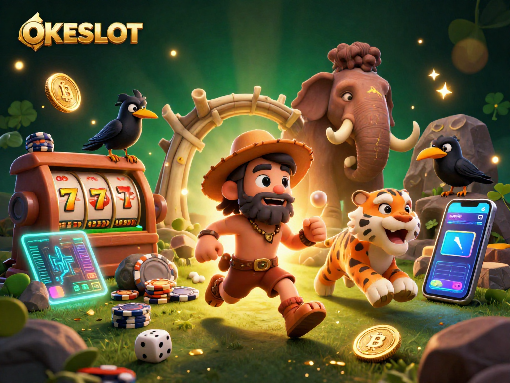 Permainan slot menarik di OKESLOT dengan karakter gua, simbol keberuntungan dan momen kemenangan.