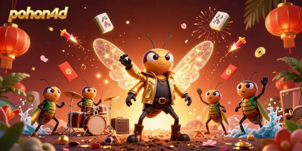 Pohon4D's dynamic casino scene showcases a cicada rock star and beetle drummer amid vibrant gambling elements.