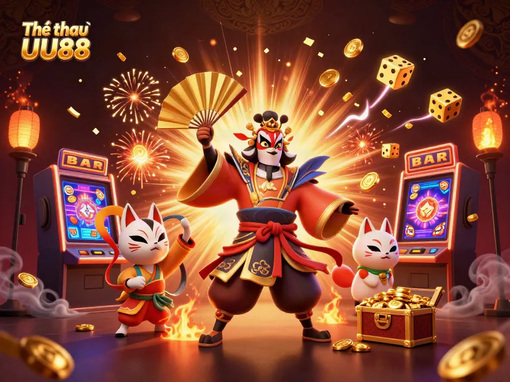 Thể thao UU88 highlights dynamic sports betting action with vibrant gaming elements and a kabuki warrior.