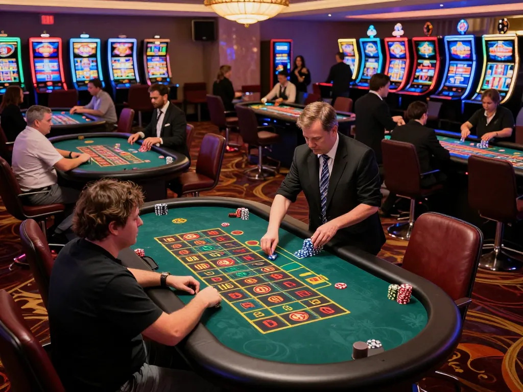 Các tay chơi tham gia cảm giác hồi hộp tại bàn roulette trong không khí sôi động của một sòng bài