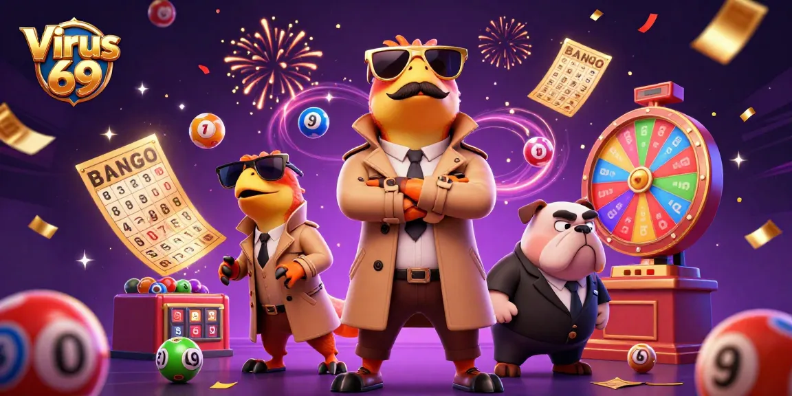 Engage with Virus 69 for thrilling lottery games amid raptors and confetti in a vibrant casino scene.