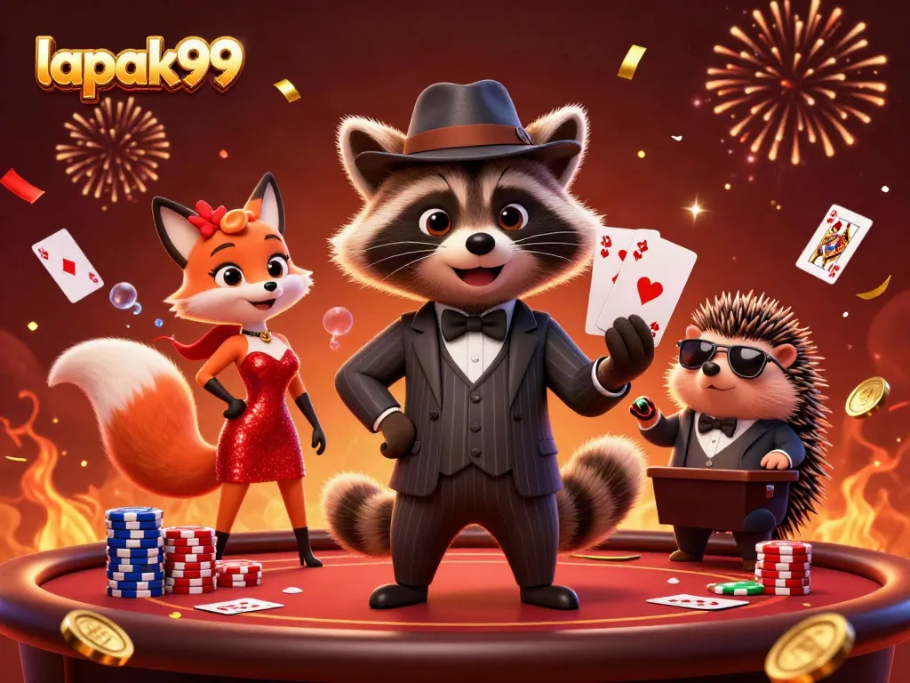 Experience the thrilling poker scene with lapak99 as suave raccoon plays a royal flush in style.
