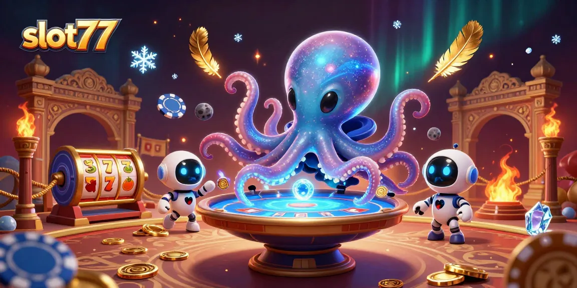 slot77 menghadirkan momen seru di kasino online dengan karakter alien ikonik dan elemen slot berkilau.