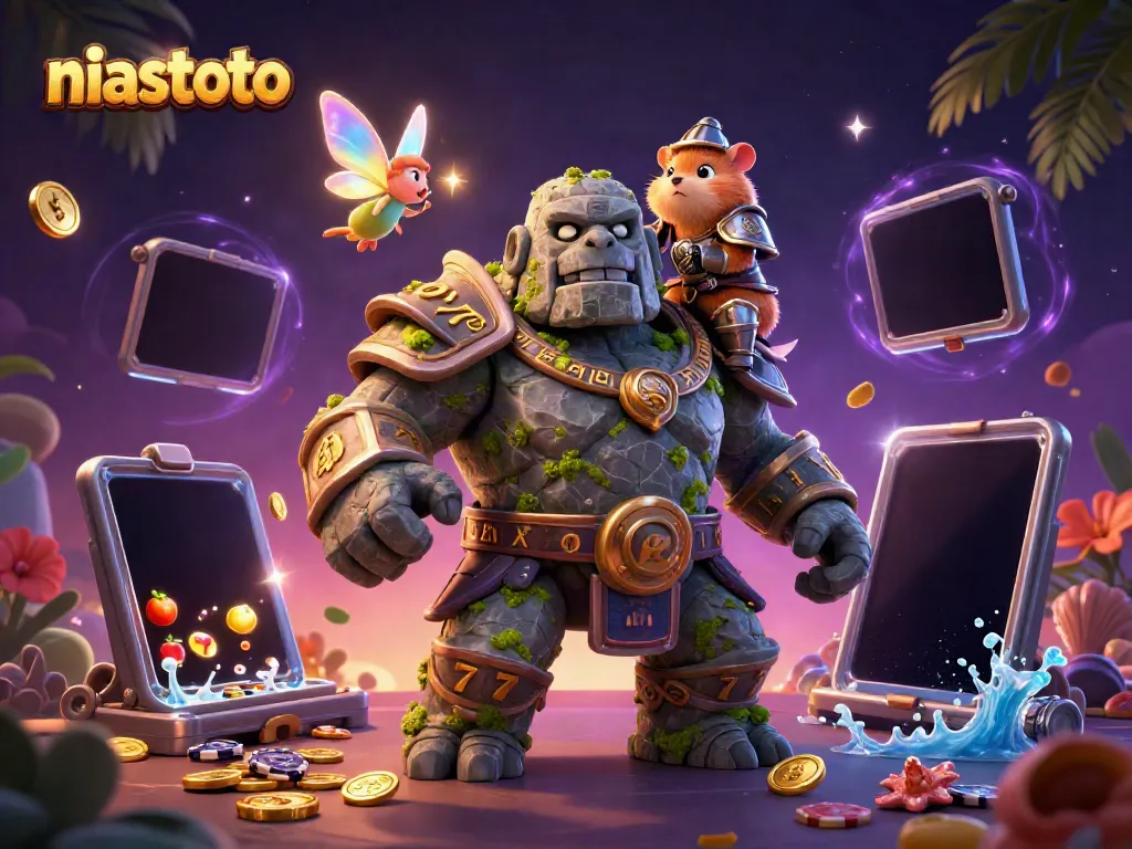Experience thrilling gameplay on niastoto as the magical golem and fairy bring luck in this vibrant casino scene.