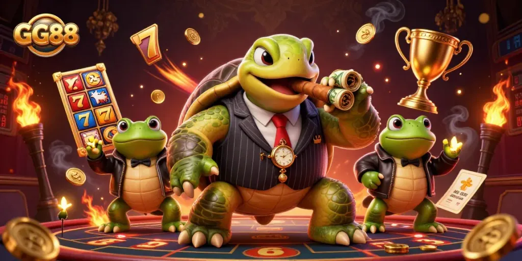 Win big with GG88's playful casino characters in a vibrant 3D scene highlighting slots and jackpots.
