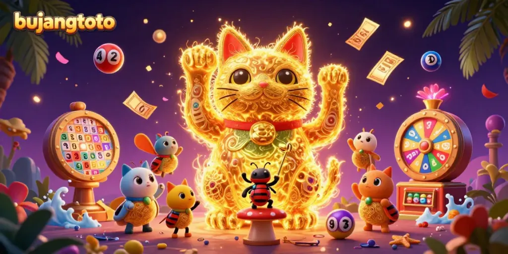 Bujangtoto unleashing vibrant casino magic with dynamic golden fireflies and lively game symbols.