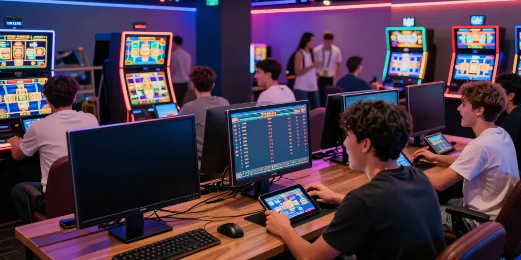 Pemain OMTOGEL menikmati pengalaman judi online di ruang gaming modern dengan slot mesin digital berwarna cerah.
