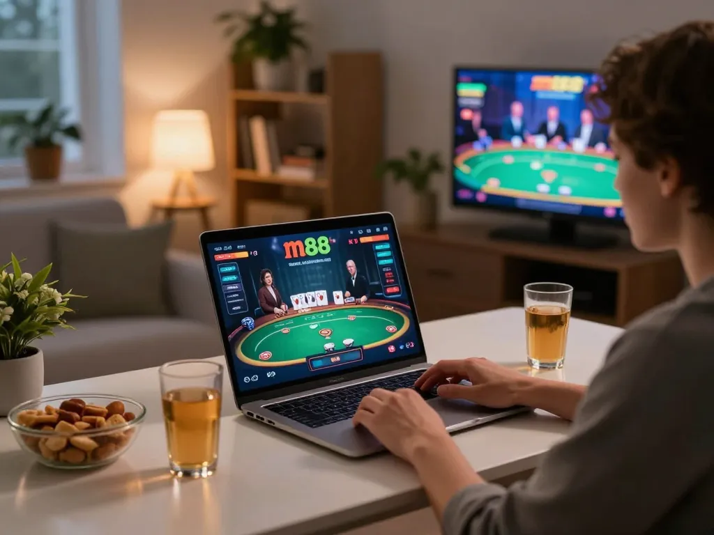 Berinteraksi dengan m88 link saat bermain poker online di pengaturan rumah yang stylish, suasana yang nyaman.