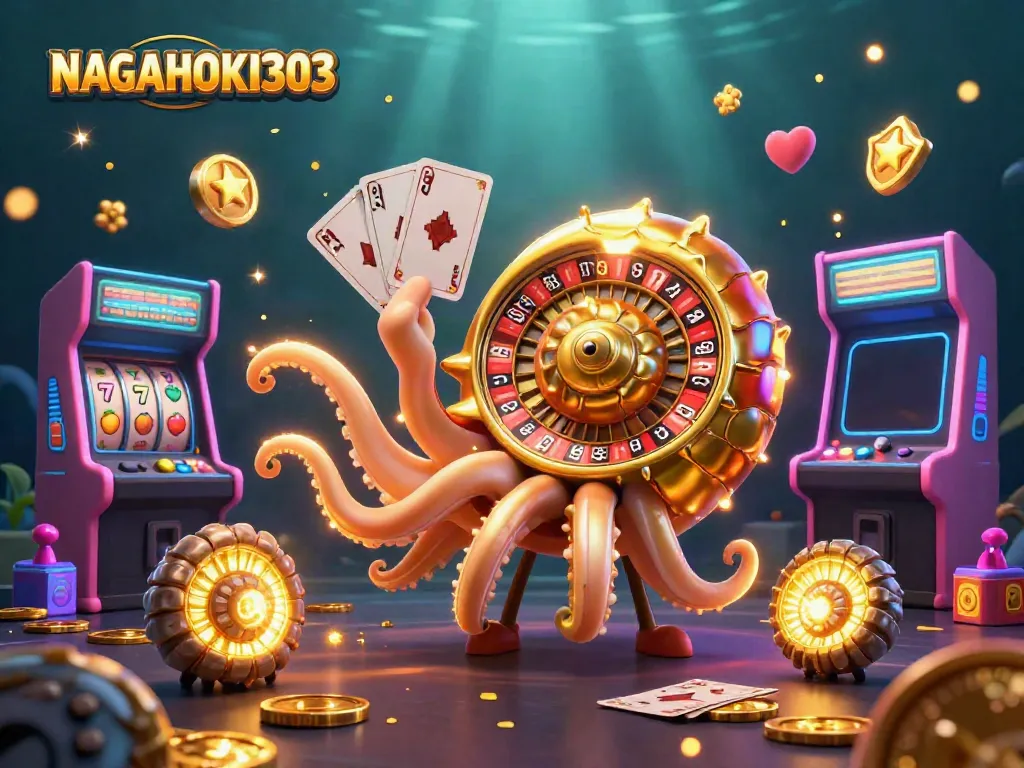 NAGAHOKI303 shows a dynamic 3D scene with a giant nautilus as a roulette wheel, vibrant slot machines, and glowing game symbols.