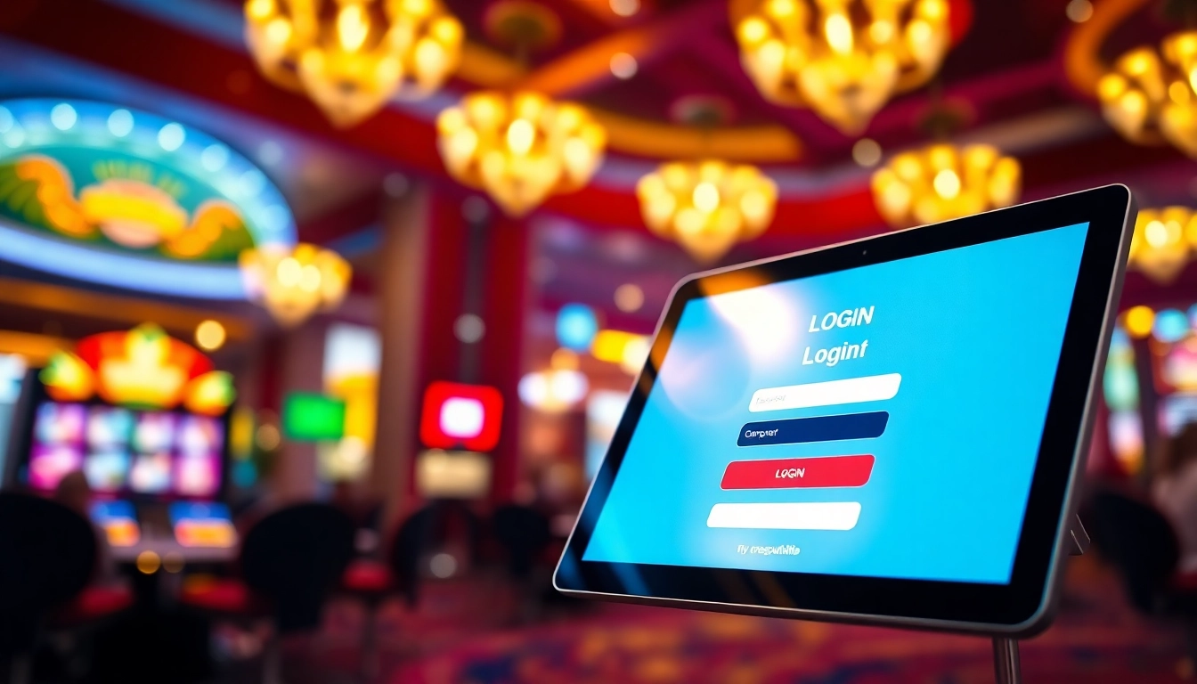 Masuk ke emasputihtoto login dengan layar tablet modern di kasino yang cerah.