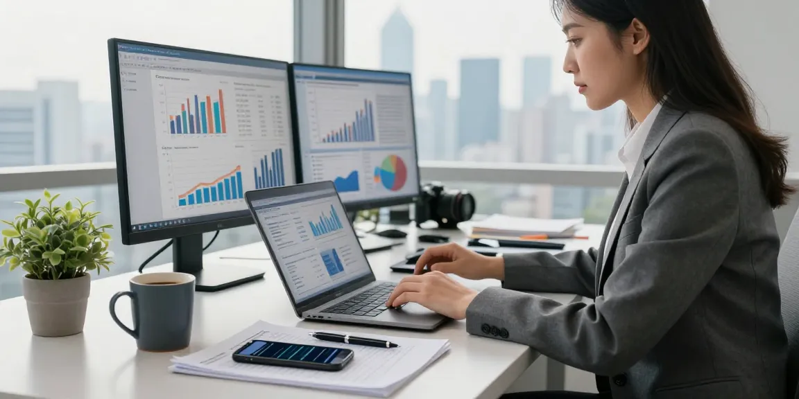 Konsultan keuangan memeriksa laporan data UE99 di ruang kerja modern dengan pemandangan kota.