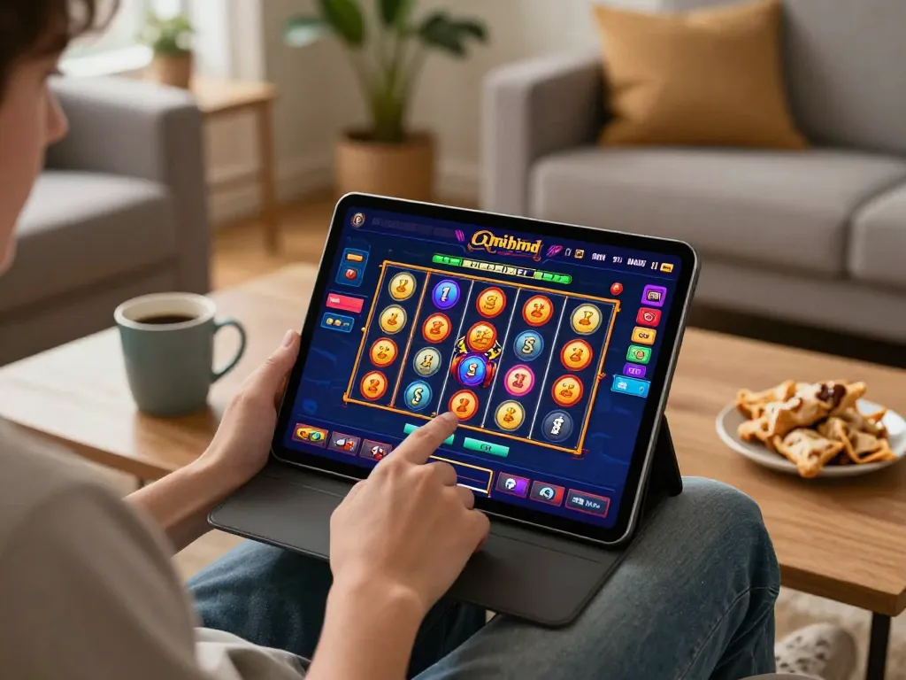 Player enjoying slot games on tablet in a cozy living room with snacks and drinks