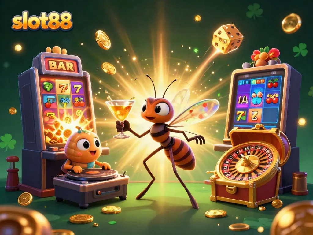 Memenangkan jackpot di slot88 dengan karakter kasino yang ceria dan mesin slot yang menggelegar.