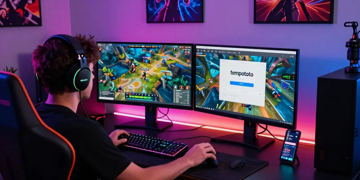 Engaged gamer using tempototo login to access gaming platform in vibrant space