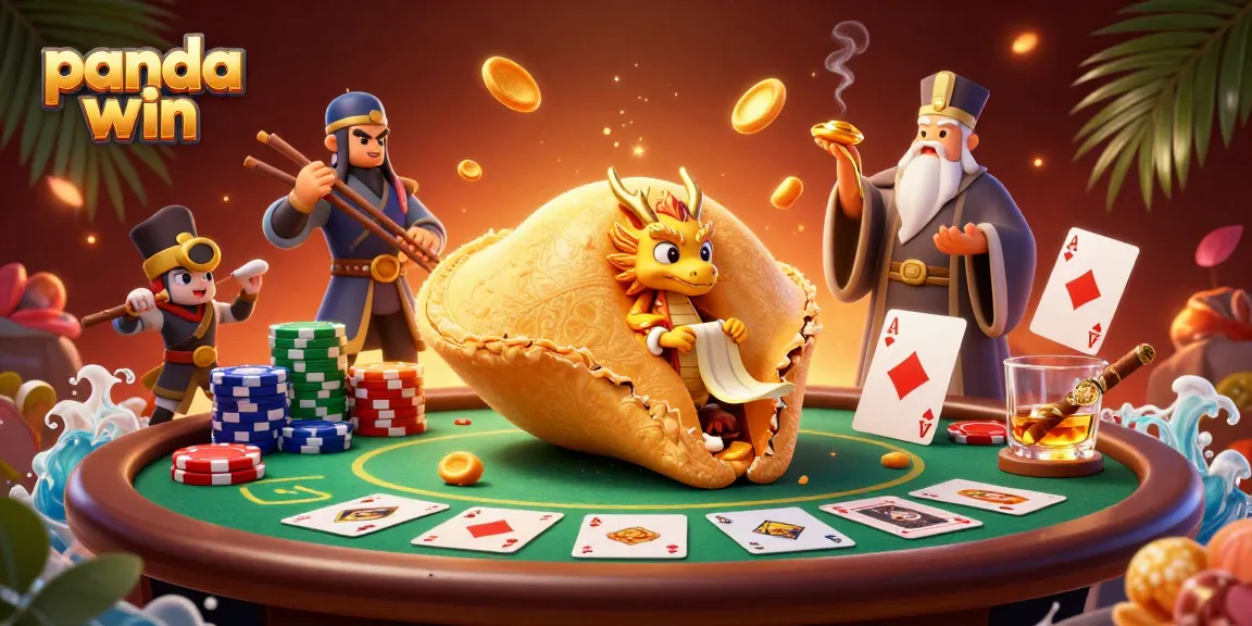 Panda win showcases a lively 3D scene with poker elements and a wise dragon among fortune characters.