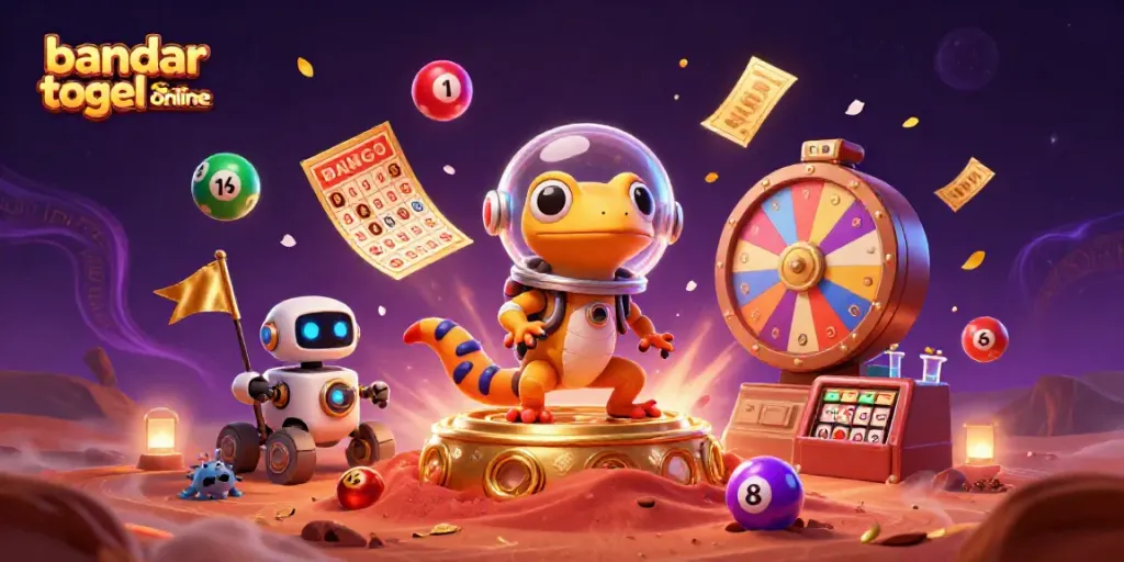 Aktivitas menyenangkan di bandar togel online dengan latar belakang kasino emas dan bola lotere berwarna-warni.