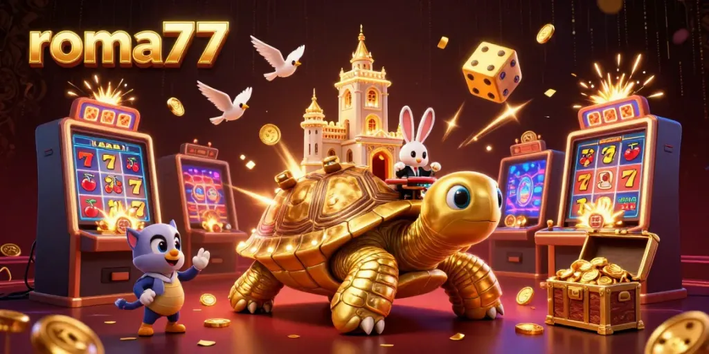 Gambarlah rom77 di dunia kasino dengan simbol keberuntungan dan dealer di atas kura-kura emas.