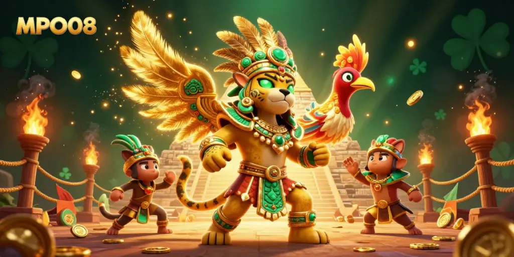 MPO08 offers a vibrant scene with a Mayan jaguar priest and rich gambling elements in a dazzling illustration.
