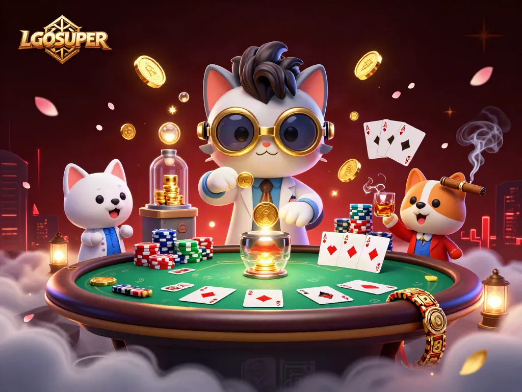 Engage in exciting gameplay with LGOSUPER's vibrant casino scene featuring dynamic poker elements.