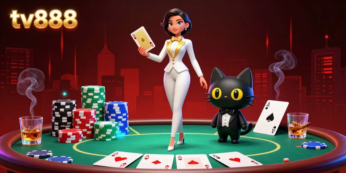 Engage in thrilling poker action at tv888 with a glamorous dealer and colorful chips.
