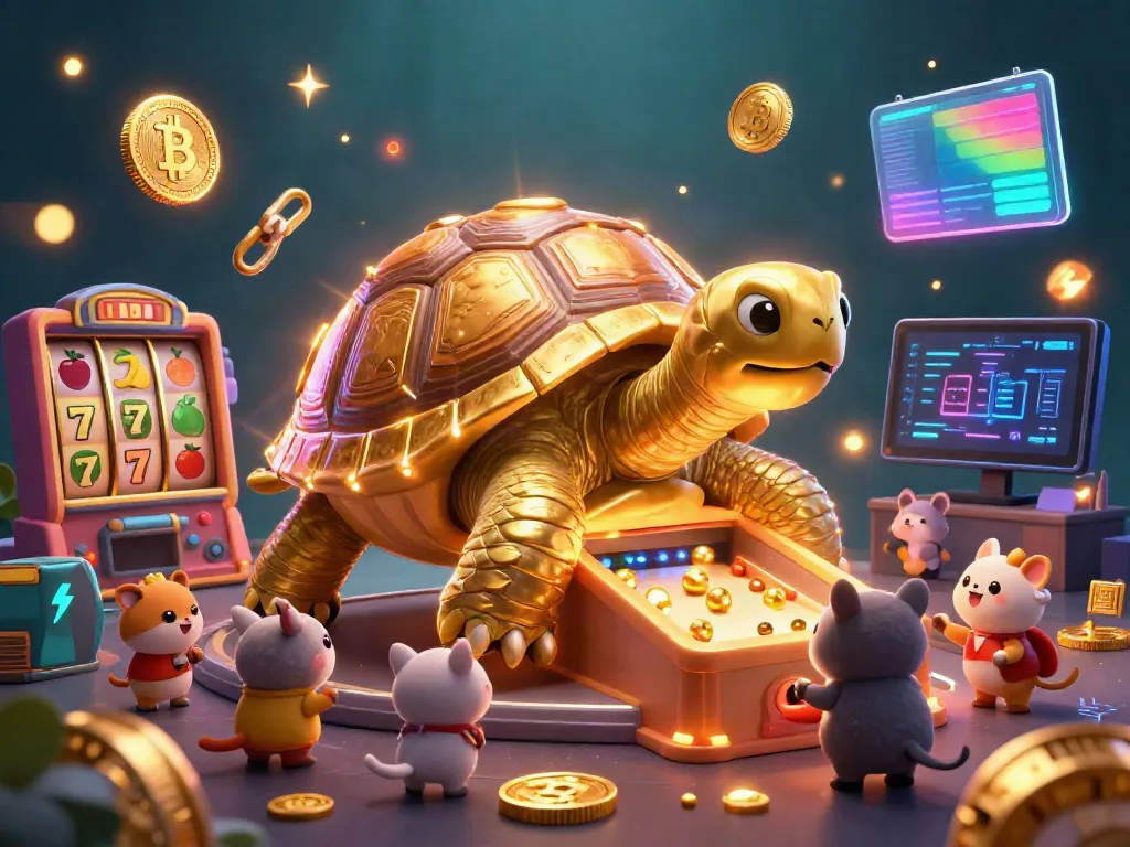 MALITOTO's engaging gambling scene features a golden tortoise pinball machine surrounded by vibrant slot elements and digital coins.