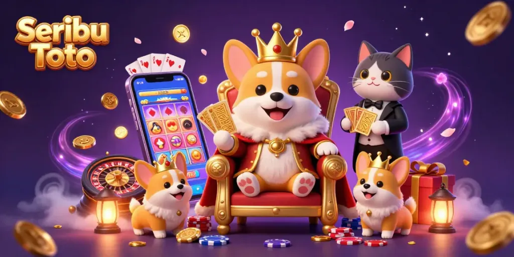 Experience winning at Seribu Toto with royal corgi on a chip throne amidst vibrant slot game elements.