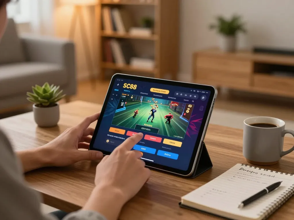 Player enjoying SC88 online gambling app on tablet in cozy home setting with betting notes.