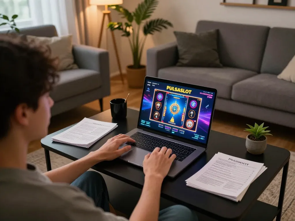 PULSASLOT player engaging in exciting online slot games at home with strategic notes