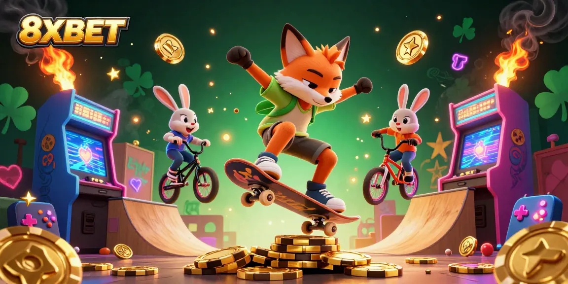 Engaging 3D scene showcasing 8XBET characters in an exciting casino setting with vibrant game elements.