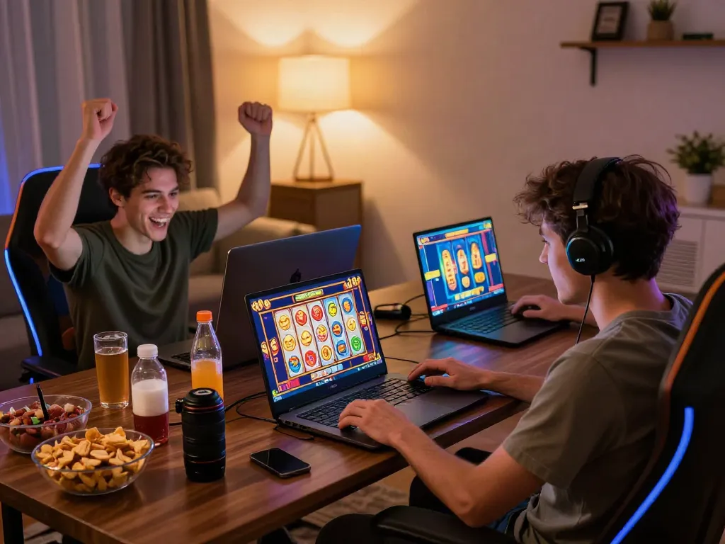 Players enjoying an exciting slot online game, celebrating wins in a cozy home setting.