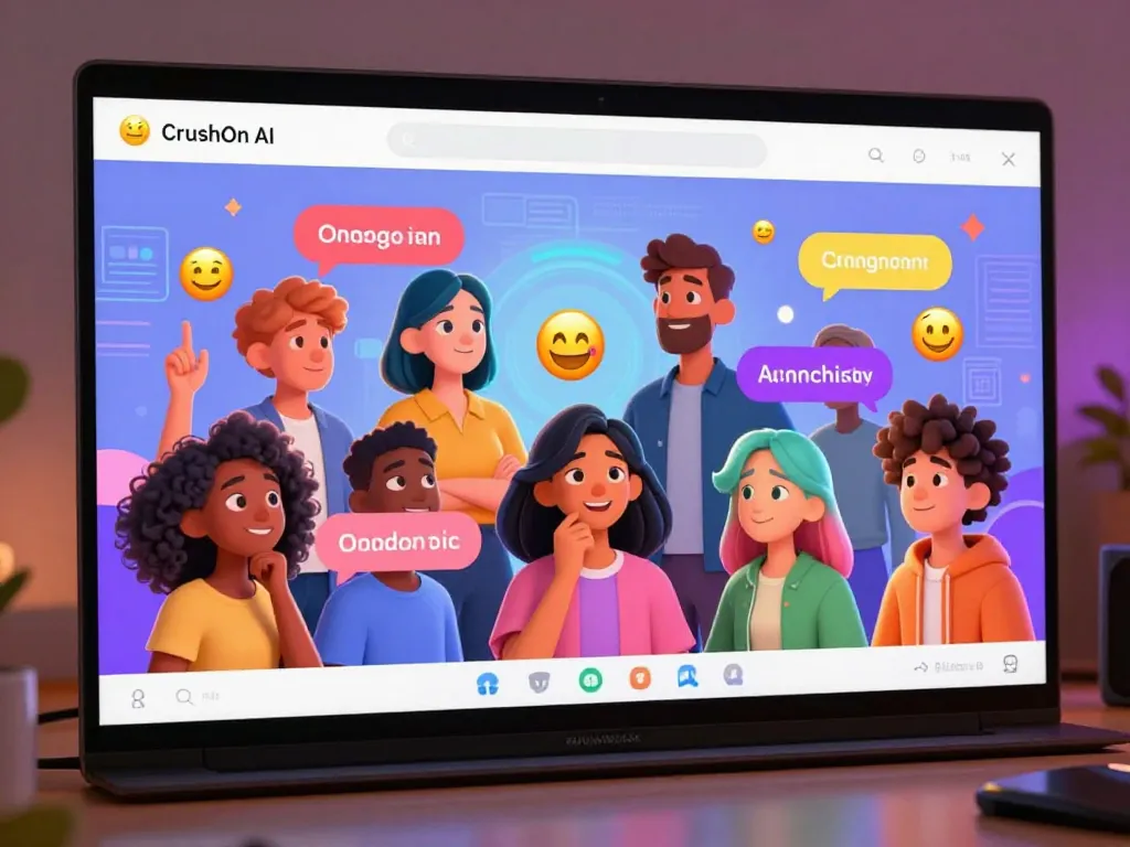 Engaging CrushOn AI virtual chat with diverse animated characters showcasing lively conversation.