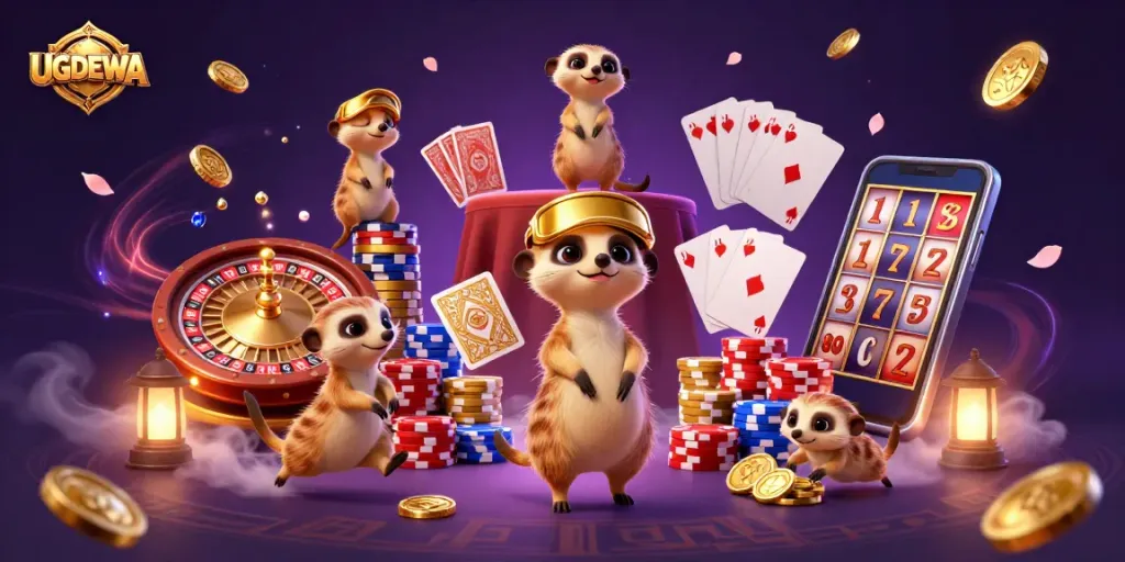 Engage with UGDEWA's vibrant casino scene featuring energetic meerkats, gold coins, and roulette.