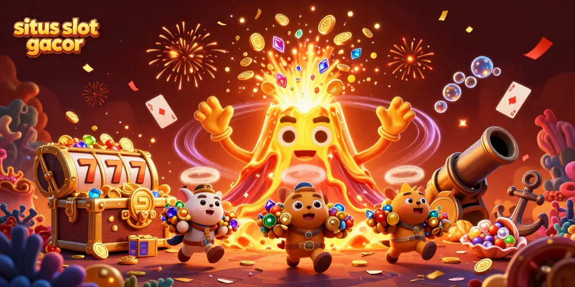 Mengalami keseruan di situs slot gacor dengan 3D kartun volcano emas meletus, dikelilingi oleh simbol slot dan hadiah menakjubkan.