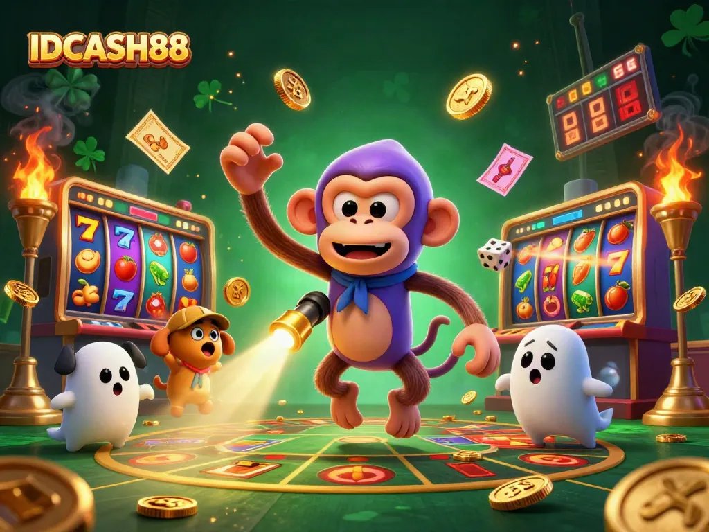 Join the fun at IDCASH88 as the poltergeist monkey juggles coins and chips in a lively casino.
