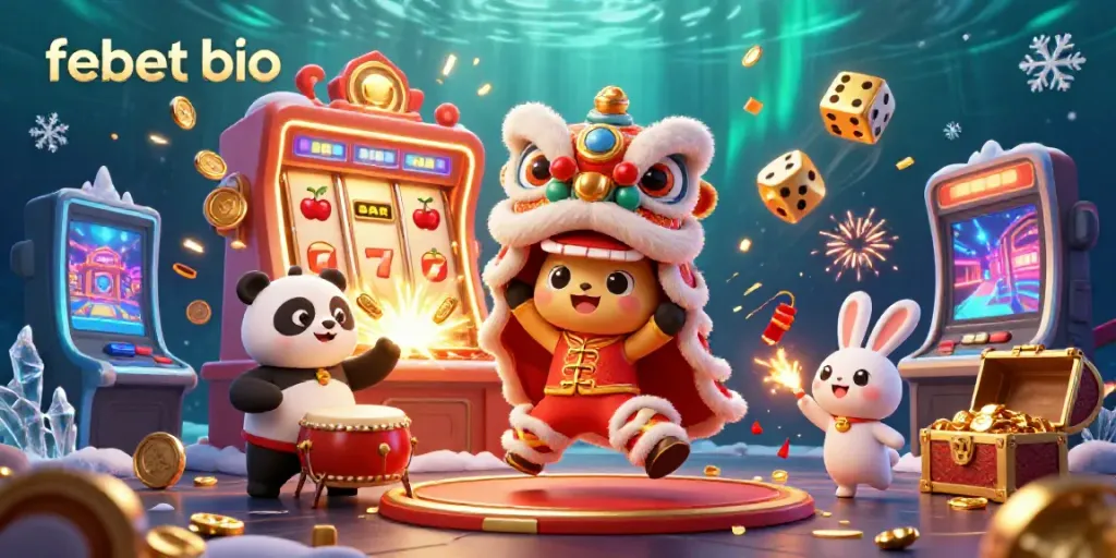 Experience the excitement of febet bio with interactive casino elements in a vibrant, festive illustration.