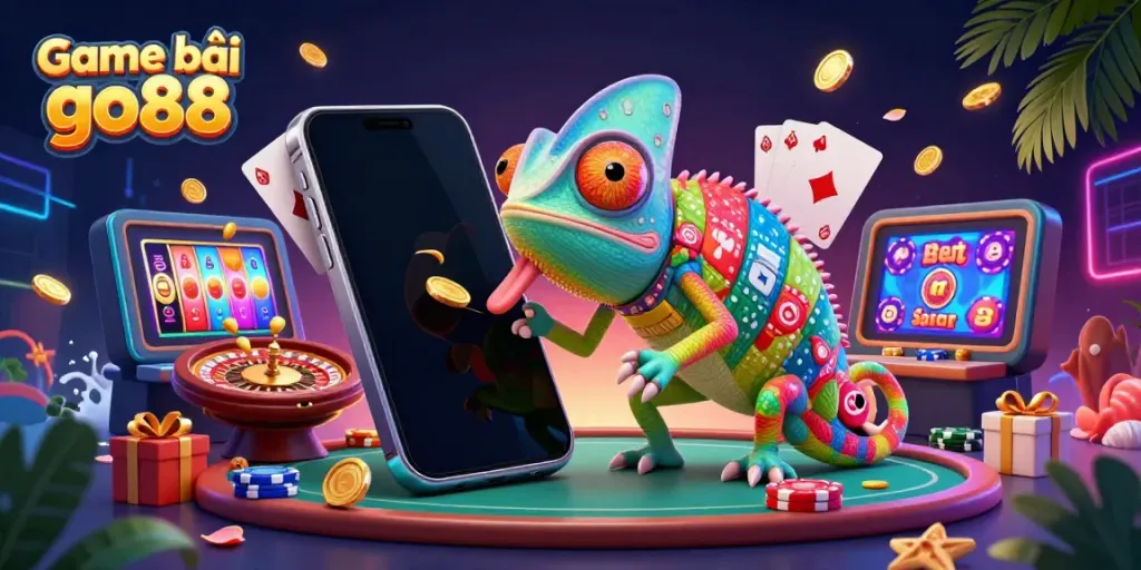 Experience the thrill of Game bài go88 with a vibrant 3D casino scene featuring a chameleon owner and dynamic gaming elements.