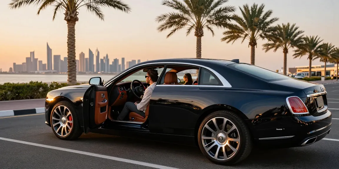 LUXURY 777 mobil mewah disewa di Dubai dengan pemandangan matahari terbenam.