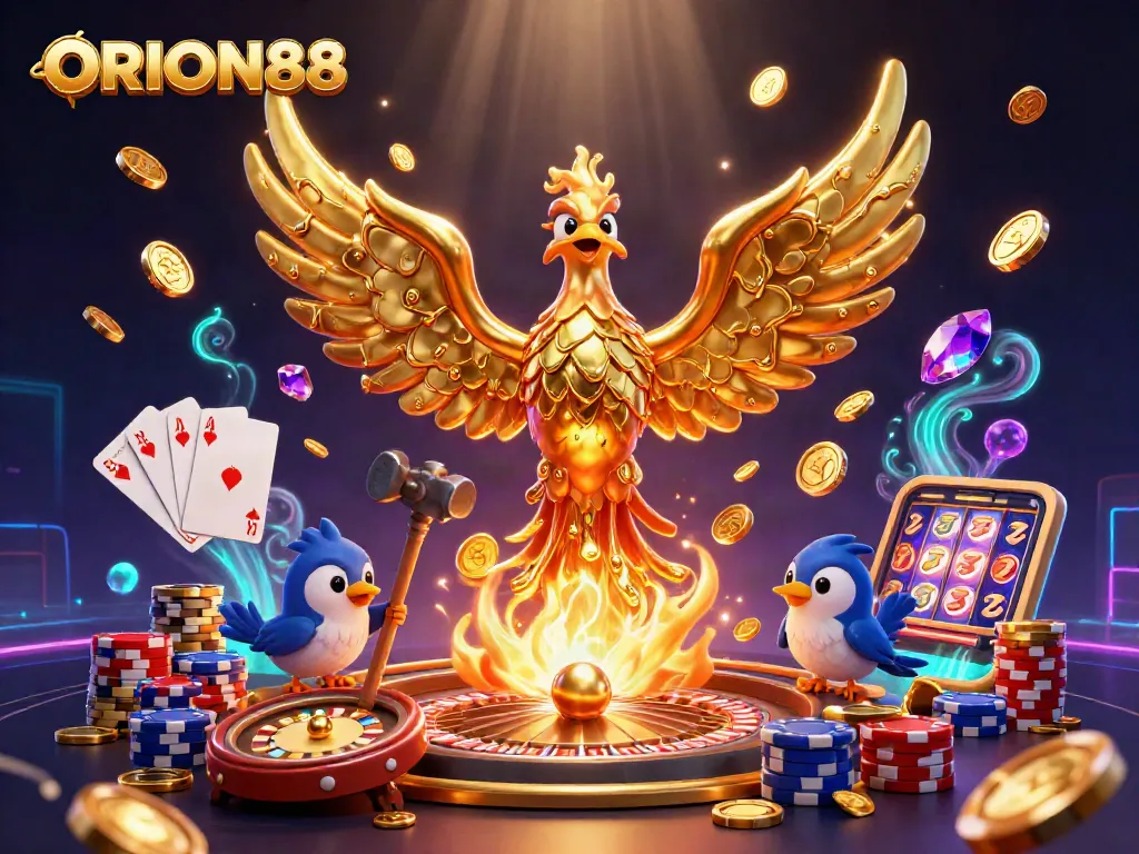 Experience thrilling wins with ORION88 in this vibrant casino-inspired illustration