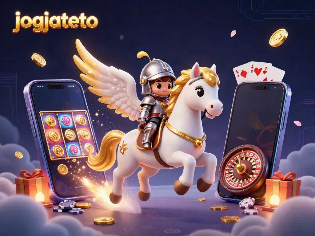 Experience the thrill of jogjatoto with a celestial horse and knight in a vibrant slot game scene.