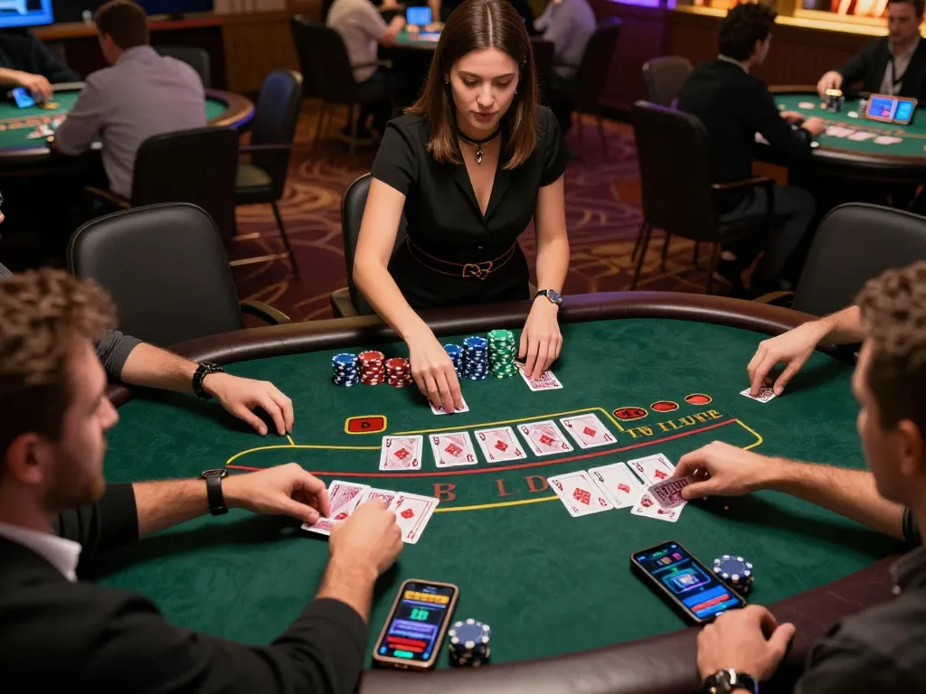 Players enjoying an engaging blackjack game at lc88 online casino, showcasing chips and cards.
