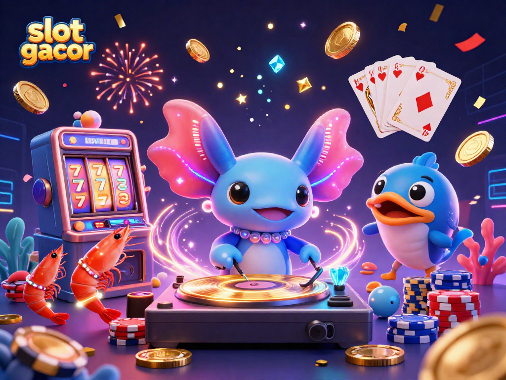 Visualisasi slot gacor yang menarik dengan DJ neon dan karakter permainan laut.