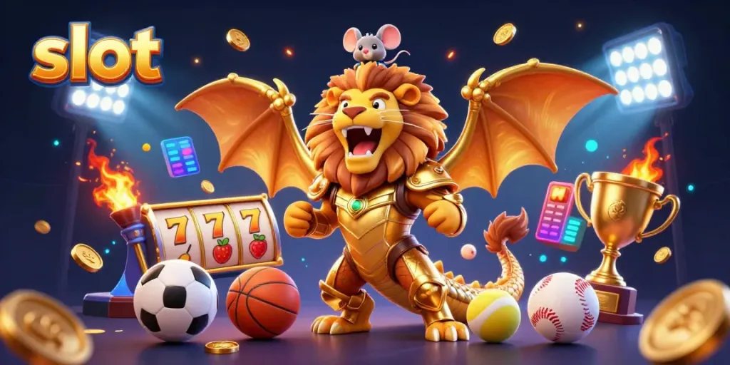 Engage in thrilling slot adventures with a golden armored chimera and vibrant game symbols.