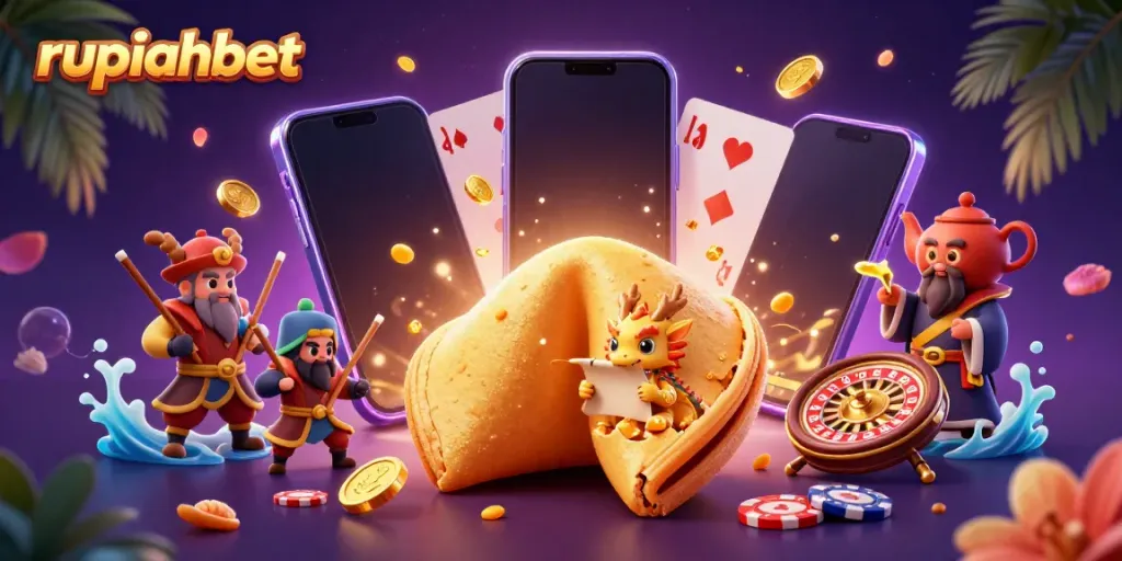 Experience the thrill of gaming with rupiahbet as a dragon reads fortune in a vibrant 3D casino scene.