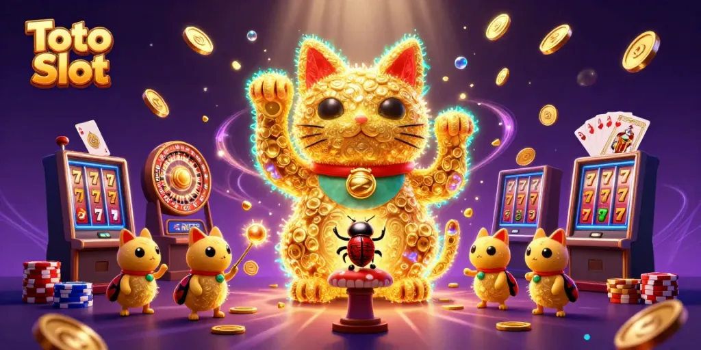 Ilustrasi Toto Slot dengan kucing keberuntungan dan simbol kasino menarik
