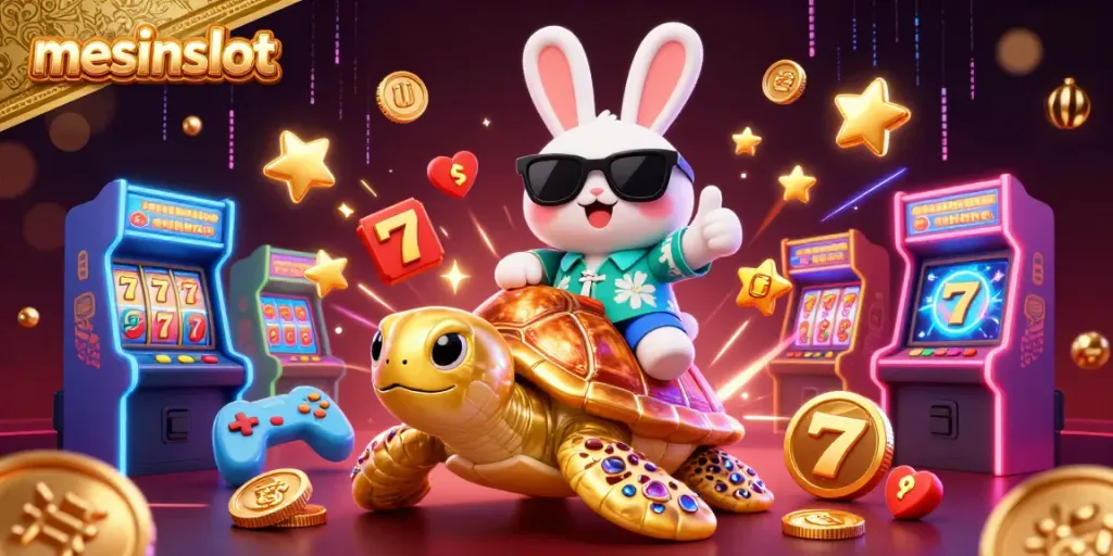 Experience the thrill of mesinslot with a lucky rabbit and golden turtle amid slot reels and arcade elements.