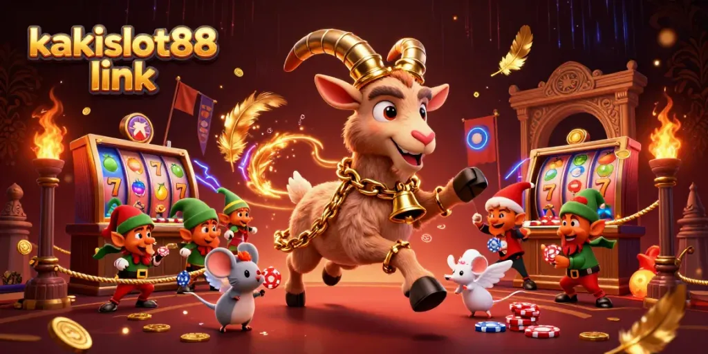 Gambarkan ruang permainan kakislot88 link dengan suasana kasino penuh warna dan karakter unik.