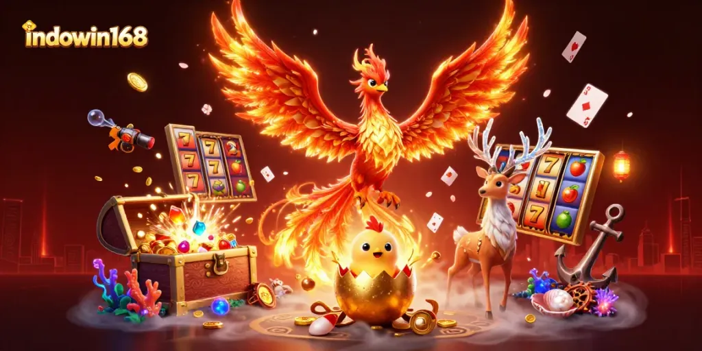 Engage with indowin168's vibrant slot world celebrated in a rich 3D illustration.