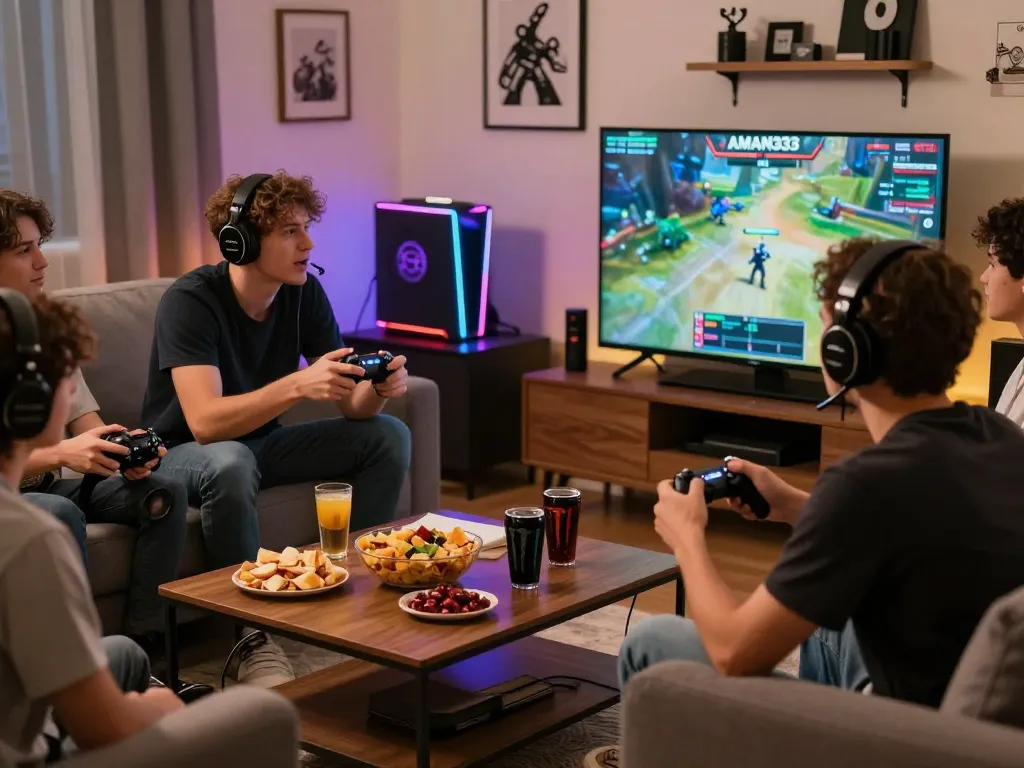 Group of friends playing AMAN333 in cozy gaming setup with snacks and LED decor.