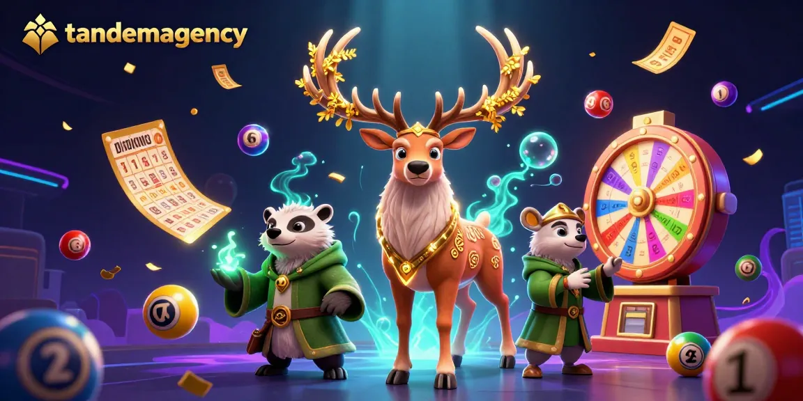 Engage with tandemagency's colorful lottery scene featuring dynamic elements and whimsical characters.