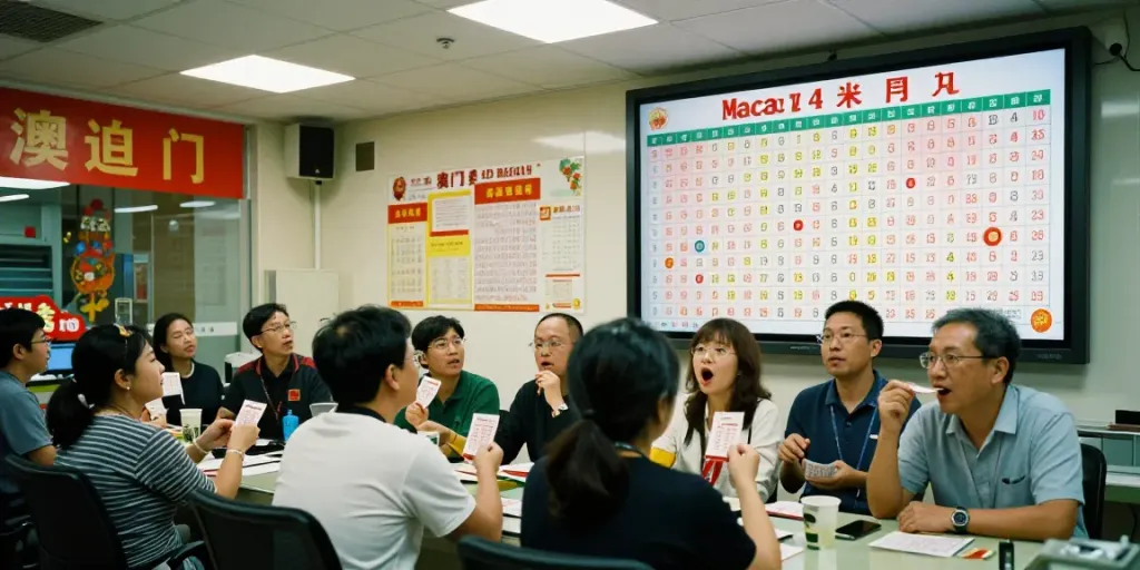 Data Macau 4D para peserta lotere menonton undian langsung dengan semangat di kantor Macau.